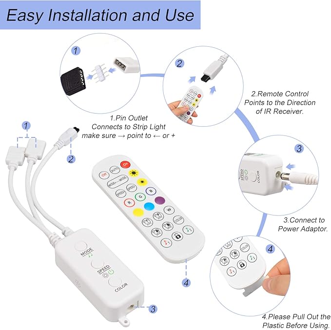 Sunity LED Strip Light Controller with APP, Music Sync and IR Remote for Upgrading 4-pin 10mm Led Lights Strip to Bluetooth Connection