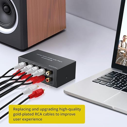 PROZOR RCA Switch 4 Way Bi-Directional RCA Splitter with Volume Control and Switch Button, R/L Audio Selector with No Power Supply Needed for DVD Stereo Speaker CD Player