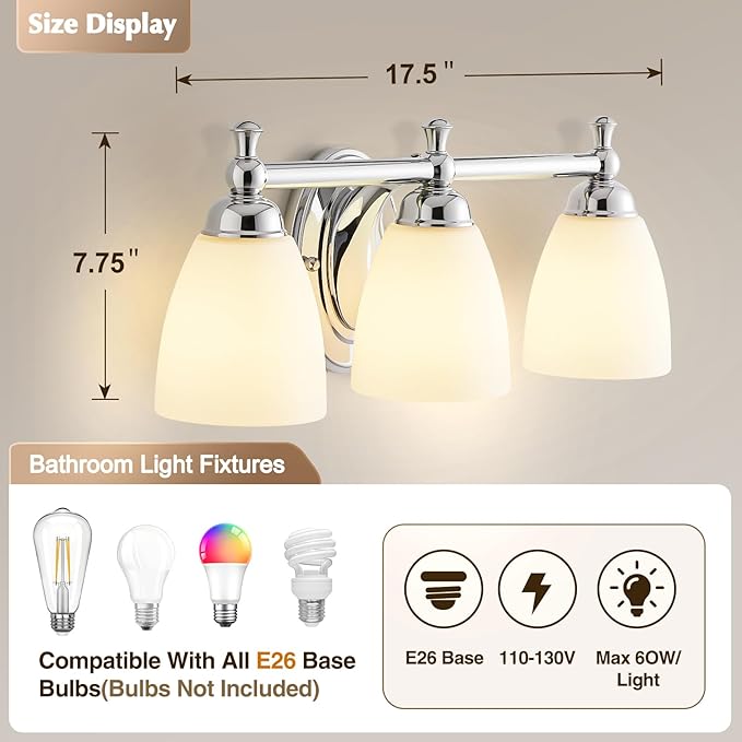 EJIAXIN Bathroom Light Fixtures, 3 Light Bathroom Lighting Fixtures Over Mirror Wall Mounted Lighting Chrome Vanity Light for Living Room Cabinet
