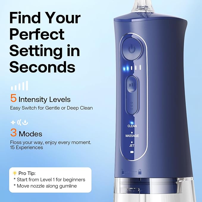 Bitvae Cordless Water Dental Flosser for Teeth, Portable 300ML Water Teeth Cleaner Picks, 3 Cleaning Modes 6 Jet Tips, Water Dental Picks for Cleaning (Midnight Blue)