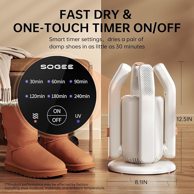 Sogee Boot Dryer, Shoe Dryer for Work Boots and Gloves, 2 * 24IN Retractable Hose with Timer, Rose Salt Remove Odor, Quiet Portable Shoe Dryer, Suitable for Ski Boots, Shoes, Gloves, Ivory, SH03