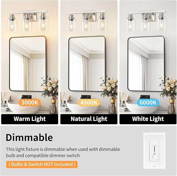 DIKAIDA 3-Light Bathroom Light Fixtures, Nickel Bathroom Vanity Light with Clear Glass Shade, Modern Bathroom Wall Lights Over Mirror, Farmhouse Wall Sconces Lighting for Bedroom Living Room