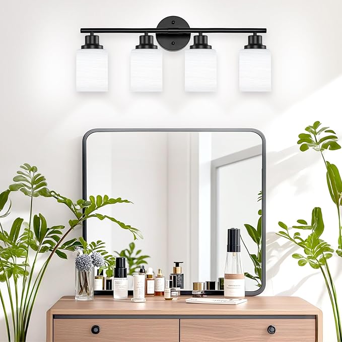 Guliaofo 4-Light Bathroom Light Fixtures, Black Vanity Lights for Mirror with Textured Milky White Glass Shade, Modern Kitchen Light Fixtures Wall Sconce Light - E26 Base