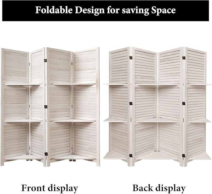 Partition Room Dividers, Folding Wood Privacy Screen with Three Display Shelves Suitable for Home Office, Study, Art Display - 4 Panel, 67 * 51inch (White)