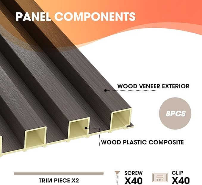 OUZUGIE WPC Acoustic Slat Wall Paneling, 8-Pack 96 x 6 Inches 3D Wall Panels for Interior Wall Decor,Living Room,TV Background,Study Room,Office Spaces,Bedroom,High Grille (Walnut)