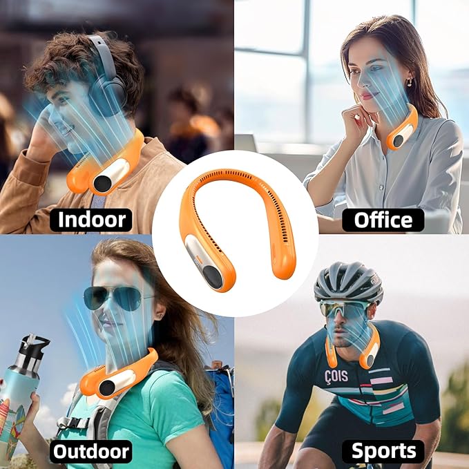 Portable Neck Fan,Personal Wearable Bladeless Fan,LED Display,4-Speeds,6000mAh USB Rechargeable,360° Strong Cooling Wind,Hands Free,White Elephant Gift,Christmas Gifts for Men Women Dad Mom (Orange)