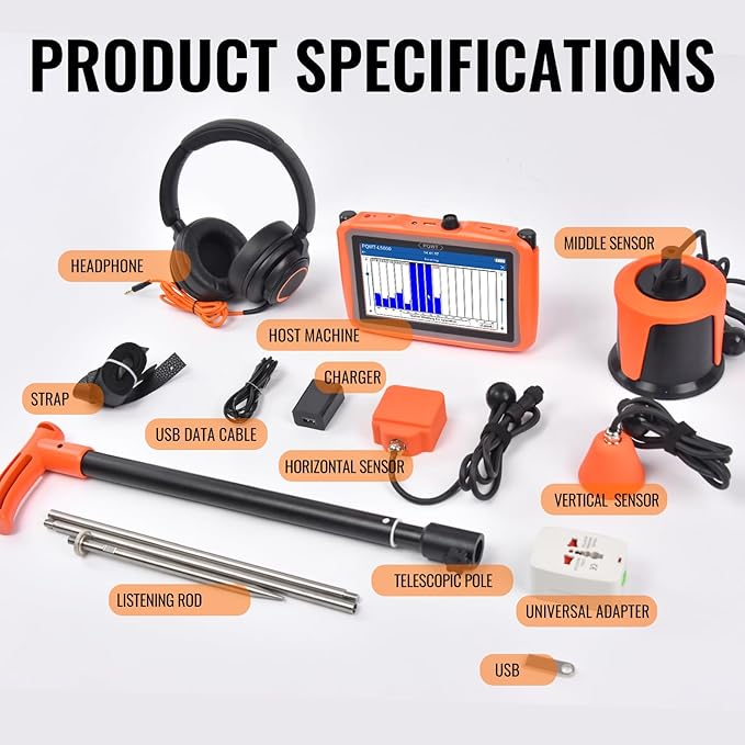 PQWT L5000 Underground Water Leak Detectors Indoor Outdoor Wall Water Pipe Detector Machine Multi Sensor Acoustic Pipeline Leakage Detection Kit Noise Reduction Headphone Smart Touchscreen Carry Case