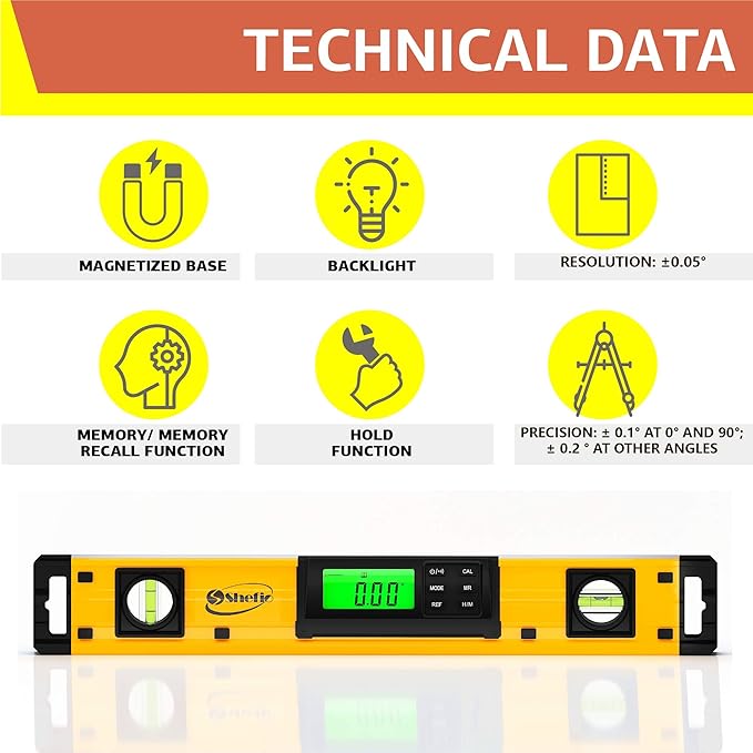 Shefio Digital Level - 18 Inch Magnetic, IP54 Dustproof and Waterproof - Protractor - Includes Batteries and Carrying Case