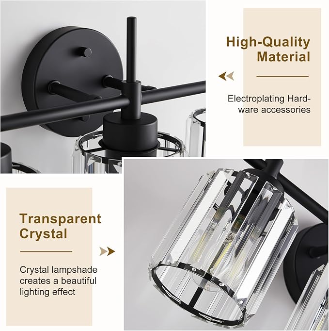 EJIAXIN 3 Light Crystal Vanity Light, Bathroom Lighting Fixtures Over Mirror Black Crystal Wall Light Bath Wall Lighting Modern Bath Wall Sconce Lighting for Bedroom Living Room