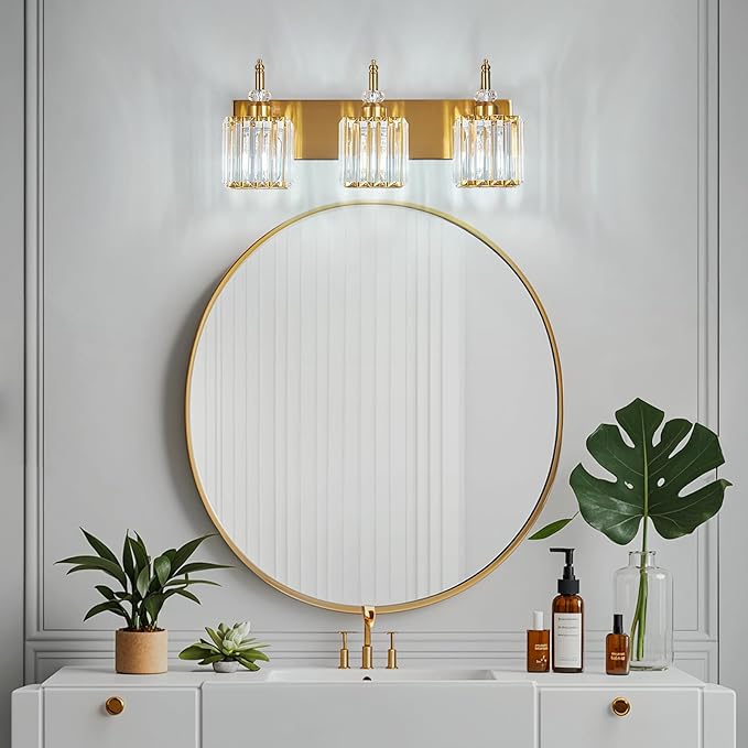 BBLLWJ Modern Bathroom Vanity Light 3-Light Gold Crystal Light Fixtures Over Mirror for Bathroom Wall Sconce