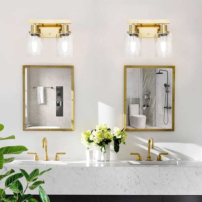 DIKAIDA 2-Light Brushed Gold Vanity Lights for Bathroom, Brushed Gold Bathroom Light Fixtures, Modern Vanity Lighting Over Mirror with Clear Glass Shade, Farmhouse Bath Wall Lamp for Mirror