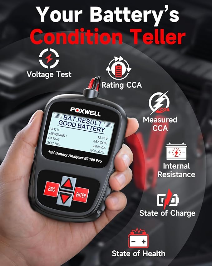 FOXWELL BT100 Pro Car Battery Tester, 12V Battery Load Tester, 100-1100CCA Automotive Alternator Tester Digital Auto Battery Analyzer for Car Truck Motorcycle SUV, Boat, RV, Marine & Pickup