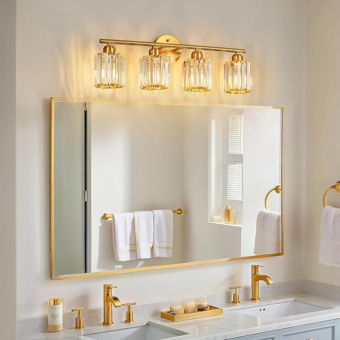 FDPBY Modern 4 Light Crystal Vanity Light, Brushed Gold Vertical Bathroom Light Fixture Over Mirror for Dressing Table Sink, Compatible with Dimmable Bulbs (Bulbs Not Included)