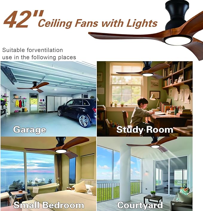 Gaizw 42 Inch Low Profile Ceiling Fans with Lights and Remote, Flush Mount Ceiling Fan with Lights, 3 Blades Solid Wood Walnut Hugger Easy Installation for Living Room, Bedroom, Farmhouse, Indoor