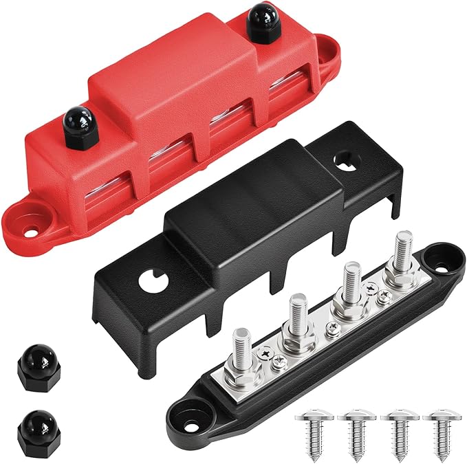 Bolipoeq Bus Bar 250A 12V Power Distribution Block 4 x 3/8"(M10) Studs for Automotive Marine Car Audio, 12 Volt Battery Busbar Terminal Block with Waterproof Cover (Pack of 2, Positive & Negative)