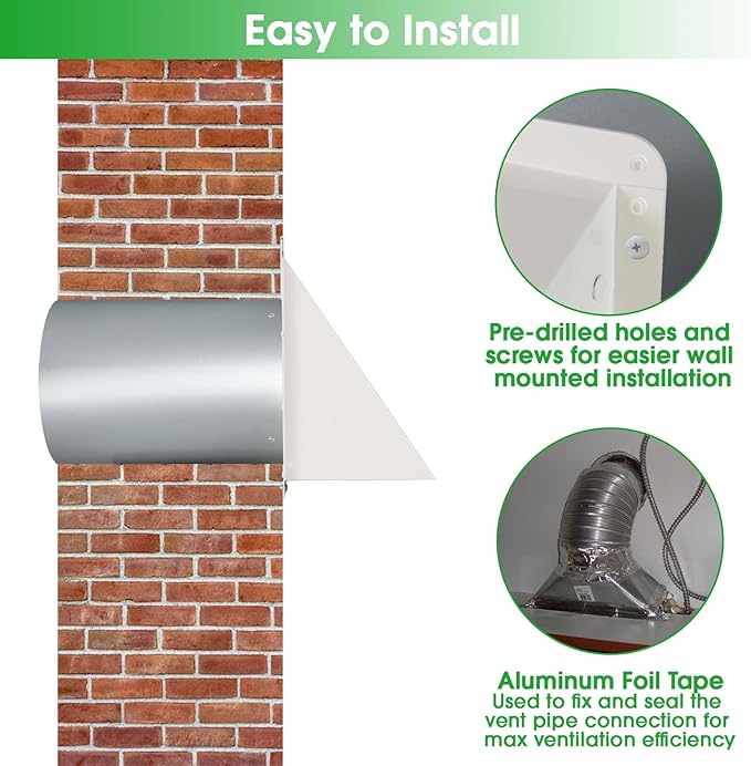 8 Inch Hooded Wall Vent with Screen and Damper,Outdoor Wall Exhaust Vent Cover Cap for Kitchen Range Hood Dryer Duct Ventilation &Exterior Air Exhaust Applications,Galvanized Steel,White