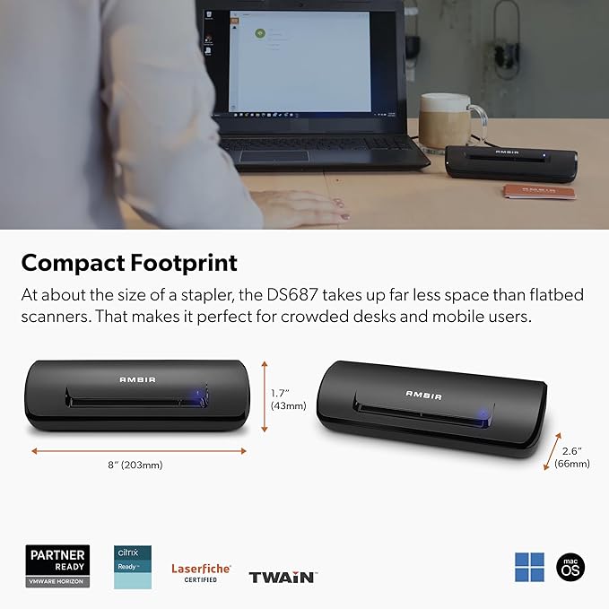 Ambir ImageScan Pro 687-BCS Duplex Card Scanner with AmbirScan Business Card for Windows PC and MAC