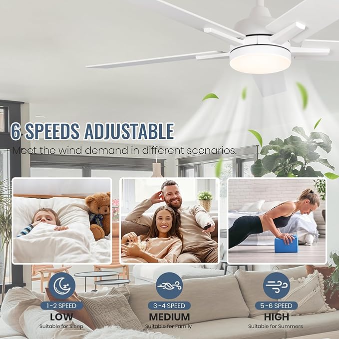 SODSEA Ceiling Fans with Lights, 52 inch White Ceiling Fan with Light and Remote Control, Reversible, 3CCT, Dimmable, Noiseless, Small Ceiling Fan for Bedroom, Indoor/Outdoor Use