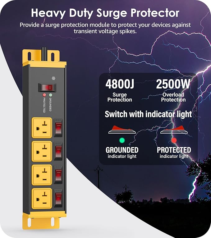 CCCEI Heavy Duty Surge Protector Power Strip 20 Amp Individual Switches. 20FT 12 Gauge Extension Cord with Multiple Outlets. Kitchen, Garage, Shop, Industrial Wall Mount Electric Extender, Yellow.