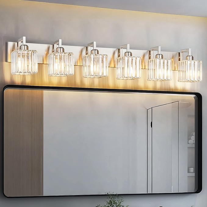 FDPBY Modern Bathroom Vanity Light 6-Lights Brushed Nickel Vanity Light Crystal Wall Light Bathroom Light Fixtures