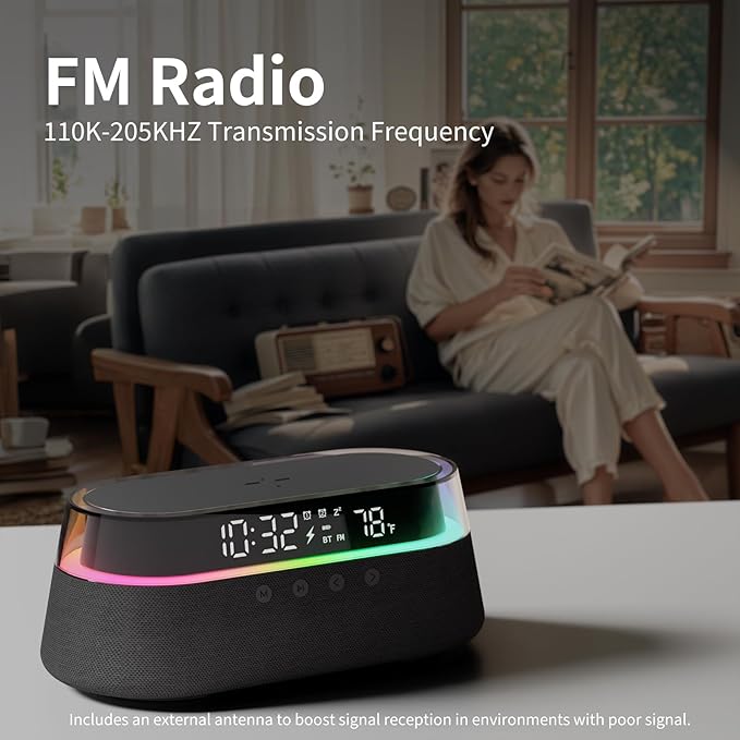 KUANGXIANG 6-in-1 Bluetooth Speaker Alarm Clock with Remote, 15W Fast Wireless Charger Portable Speaker, FM Radio & Dimmable LED Night Light, Snooze 12 24H Dual Digital Clock for Bedroom Home Office