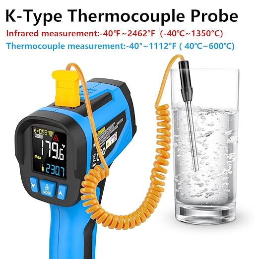 TEMIRUP Infrared Thermometer Temperature Gun -40℉ to 2462℉, 30:1 High Temp Laser Thermometer/K-Type Probe 14°F~932°F, Digital IR Pyrometer Temp Gun for Cooking, Engine, Kiln, Forging, HVAC&Industrial