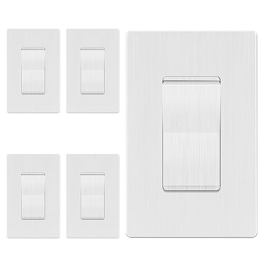 LIDER Brushed White Minimalist Design Decorator Switch with Screwless Wall Plate, Frameless Wall Light Switch, On/Off Rocker Switch, Single Pole, Residential Grade, 3 Wire, 15A 120-277VAC, 5 Pack