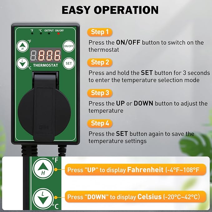 COOS BAY Digital Thermostat Controller -4 to 108°F, Temperature Control for Greenhouse Heater, Heat Mat, Grow Tent, Garage, Reptile Enclosure, Homebrew, Seedling, 15A/1500W, Green, 1 Pack