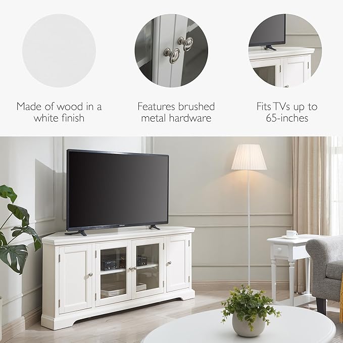 Leick Home Mateo Corner TV Stand, for 65 in. TV, 2 Glass Doors and 2 Soild Doors, White, 85386