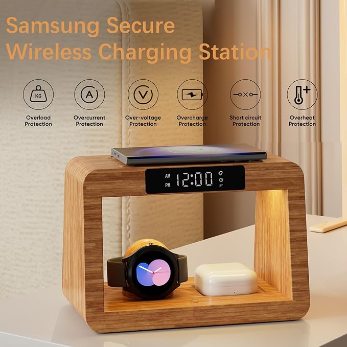 Bamboo Wireless Charging Station, 3 in 1 Charging Station with Light & Clock for Samsung & Android Phone, Wireless Phone Charger Station Only for Samsung Watch