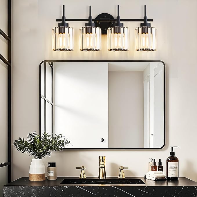 EJIAXIN 4 Light Round Crystal Vanity Lights, Modern Black Crystal Wall Light Bath Mirror Light Fixture Over Mirror Bathroom Wall Sconces for Bathroom Living Room