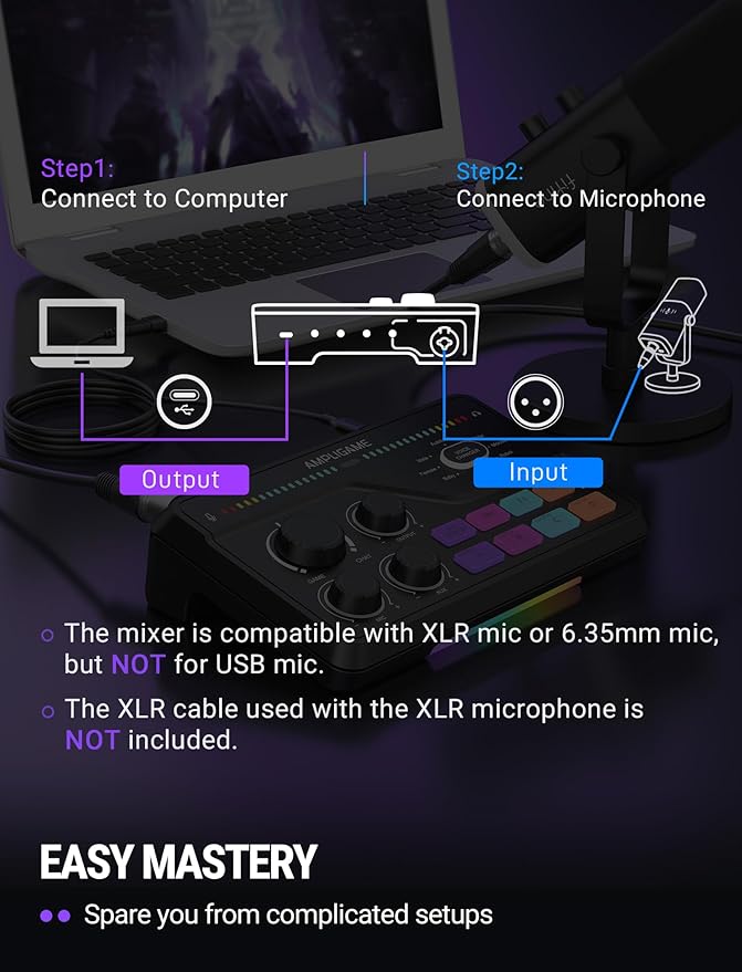 Fifine Gaming Mixer for Voice Chat and Streaming- 7.1ch Surround Sound Headphone Amp-XLR Preamp-USB Plug & Play-Voice Changer-RGB-Volume Control-3 EQ Modes Ampligame SC8