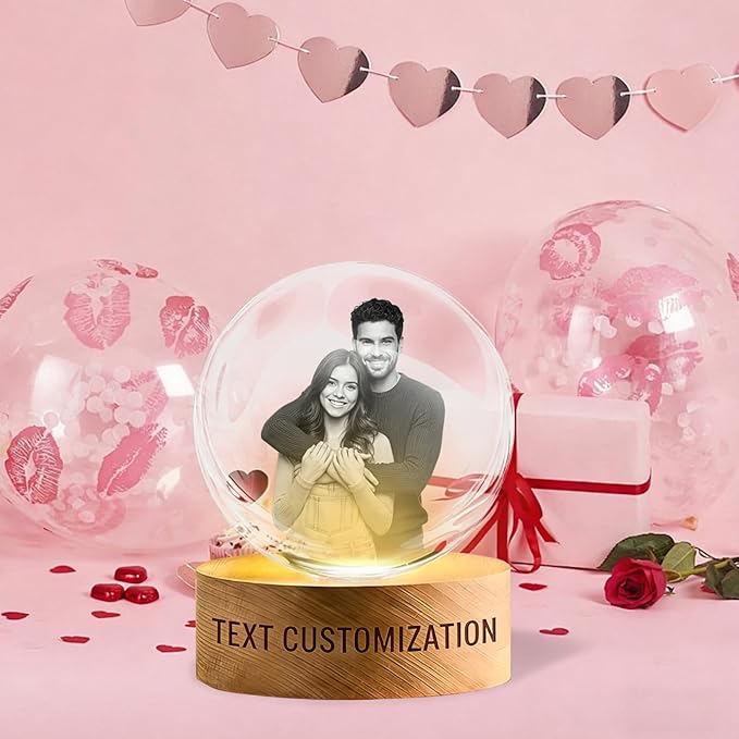 LOVEVEN Personalized 3D Crystal Ball Night Light - Custom Photo Snow Globe Lamp for Valentine‘s Day, Anniversary, Birthday - Memorial Keepsake Gift for Couples, Family, Pets