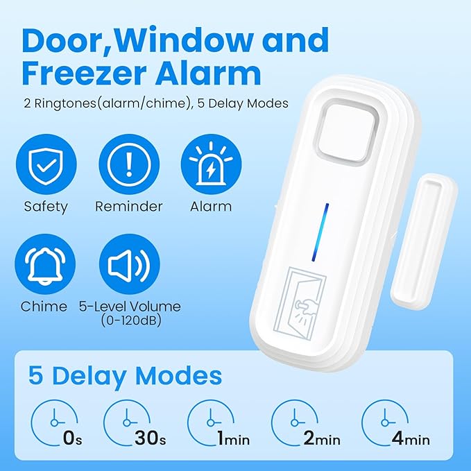 Sanjie Door Alarm with Instant and Delayed Alerts 30s/1min/2min/4min, Door Window Ajar Alarms for Kids Safety/Home Security, Volume 0-120dB, Left Open Alert for Freezer Fridge Home, 1 Sensor
