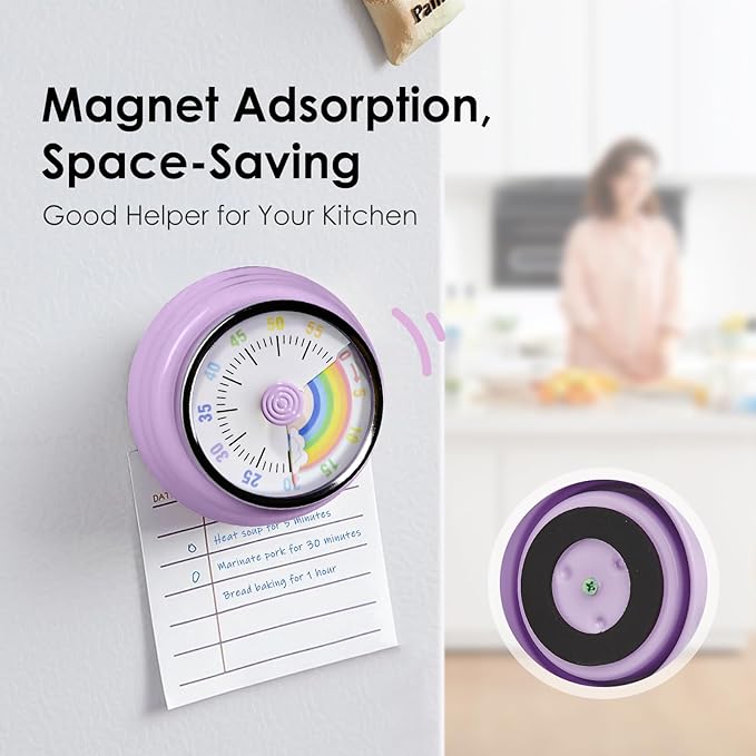 Teeloray Visual Timer for Kids Rainbow Kitchen Timer with Magnetic Base Mechanical Timer 60-Minute Countdown Timer Ringer Alert Time Management Tool for Children and Adults Study Work Cooking, Purple