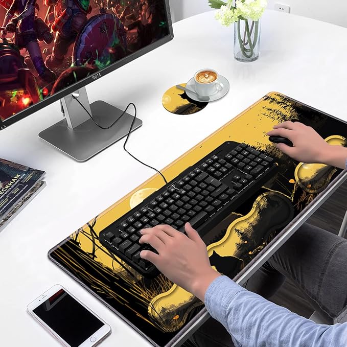 Ergonomic Keyboard Wrist Rest & Mouse Pad Wrist Rest Set, Large XXL Gaming Desk Mat 31.5"x 11.8" with Non-Slip Base, Memory Foam, Easy Typing Pain Relief for Home & Office, Black Cat