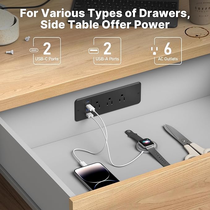 CCCEI 6 Outlets Dual Side Recessed Power Strip with USB C Ports, Furniture Flush Mount, Under Desk, Desk Top Multiple Outlets, Hidden Charging Station for Conference Table, Nightstand, Black. 10FT.