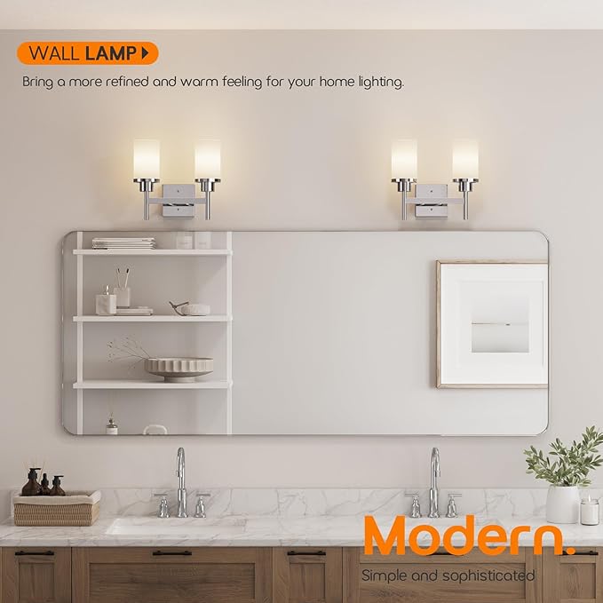 AONEON Vanity Lights Polished Chrome Bathroom Light Fixtures with White Frosted Glass Shade, Double Wall Sconces for Mirror Hallway Entrance Porch T001CH-L2