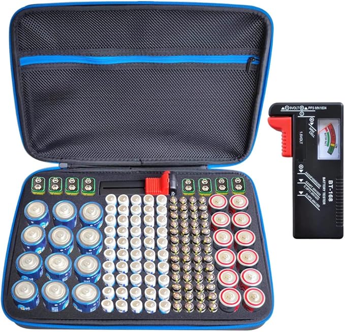 YAWEWYA Battery Organizer Storage Case with Tester:Battery Holder Box Garage Organizer Battery Vault Daddy Box with Zipper Mesh Pocket Fit for 18650 Batteries AA AAA C D 9V etc