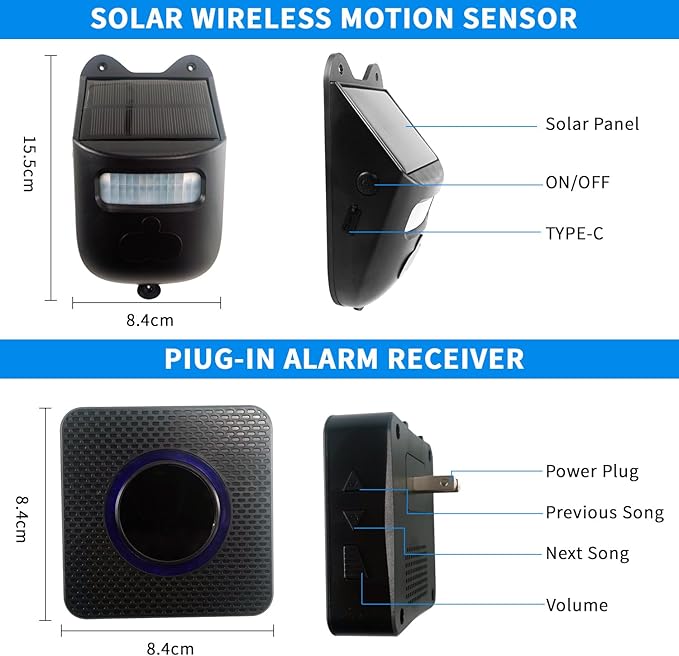 Qumox Solar-Powered Driveway Alert System - Wireless Motion Sensor Doorbell with Weatherproof Design for Home and Business Security (1 Sensor & 1 Receiver)