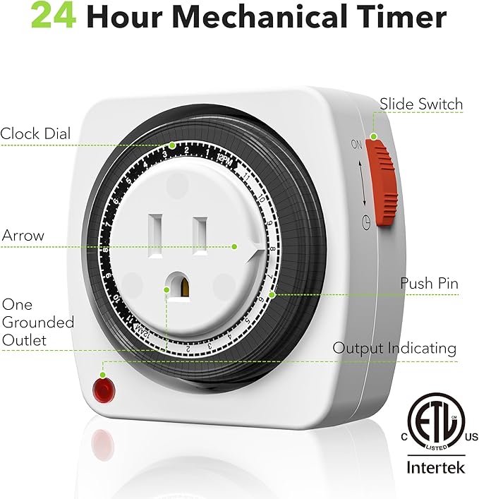 BN-LINK 24-Hour Plug-in Mechanical Timer, Heavy Duty Outlet Timer Indoor with 15-Minute Intervals, 3-Prong Plug for Aquariums, Grow Lights, Hydroponics, Indoor Lighting, ETL Listed, 1-Pack