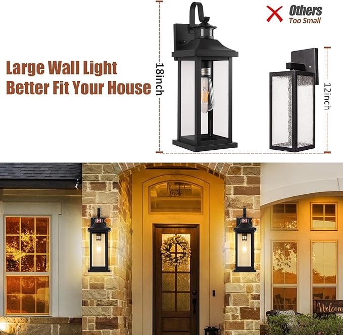 Roravilila 18 Inch Motion Sensor Outdoor Lights 2-Pack, Large Black Dusk to Dawn Outdoor Porch Lights for House IP65 Waterproof Exterior Lighting Fixtures for Front Door Garage Lantern Sconces
