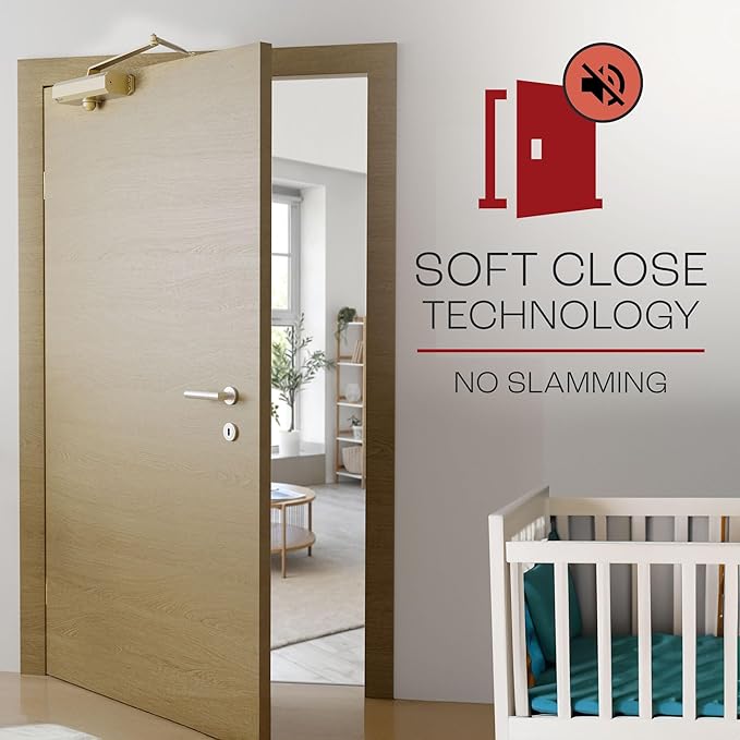 PrimeWare DC-600 Automatic Adjustable Door Closers for Home | Soft Close, No Slam | Residential and Commercial Door Closer | Level 1-6 | for Doors Weighing 30-300 lbs | Hydraulic Door Spring - Gold