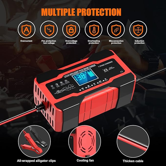 YONHAN Battery Charger 10-Amp 12V and 24V Fully-Automatic Smart Car Battery Charger, Battery Maintainer Trickle Charger, and Battery Desulfator with Temperature Compensation