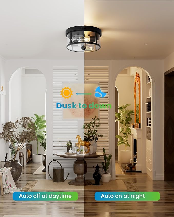 Craftersmark 2Pack Outdoor Flush Mount Ceiling Light 12.5In - Motion Sensor Porch Light, 2-Light E26 Socket, Durable Iron & Clear Glass, Light Fixtures for Porch, Driveway, Covered Patio, Farmhouse