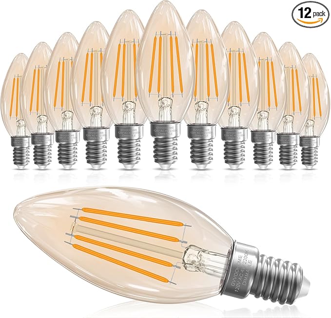 GvvooHome E12 Candelabra Bulb 40 watt Equivalent, E12 LED Bulb Dimmable Chandelier Light Bulbs, 2200K Amber Warm, B10 Candle Light Bulb, 90+CRI, 400LM, Amber Glass Finish, 12 Pack