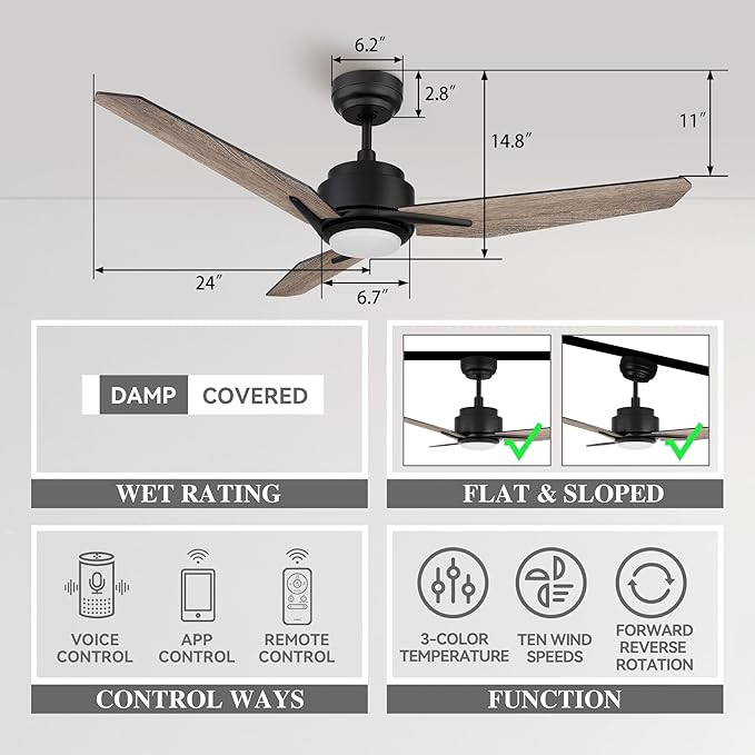 SMAAIR 48 Inch Smart Ceiling Fan with Dimmable Light Remote Control, Indoor Outdoor DC Ceiling Fan with 3 Blade for Bedroom, Living Room Works with Alexa/Google Assistant/Siri Shortcuts, Light Wooden