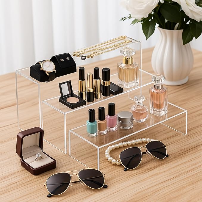 Chuangdi 2 Sets Acrylic Display Risers, Product Stand, Jewelry Display Riser Shelf Showcase Fixtures for Dessert Cupcake Candy Figure Treat Action Showcase (Clear,Extra Large Set)