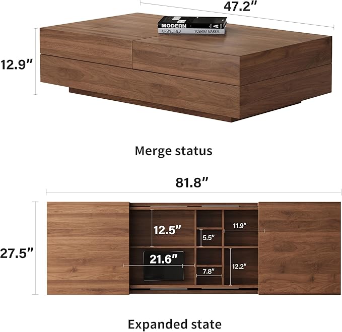 NessCarsti Mid-Century Modern TV Stand & Expandable Coffee Table Set, Walnut Finish, Stylish Storage Combo for Living Room or Bedroom (94.48“TV Stand+Coffee Table)