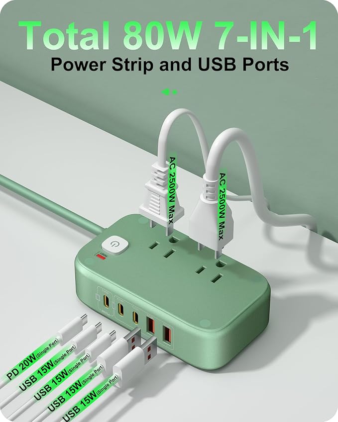 KWRNVO 5FT USB Charging Station with Outlets, Flat USB C Travel Power Strip PD 20W Charger with 2500W AC Outlets, 3 USB-C Ports, 2 USB-A Ports Extension Cord for Home/Office/Travel